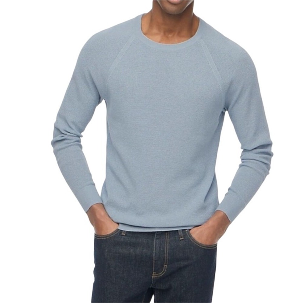 J. Crew Mens Cotton Crew Neck Long Sleeve Waffle Knit Sweater Blue Large NWT $90